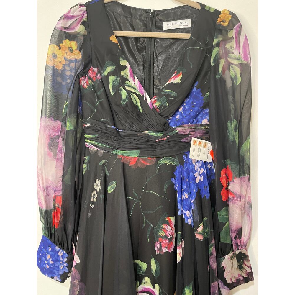Mac Duggal Long Sleeve Floral Chiffon Gown Black Print 67872 Sz 2 NWT Romantic - Picture 3 of 16